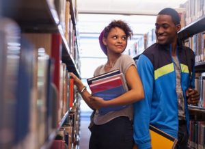 Students talking in library